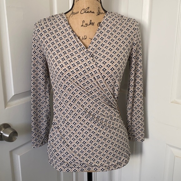 Charter Club Tops - Tan/White/Black Patterned 3/4 Sleeve Faux-Wrap Top